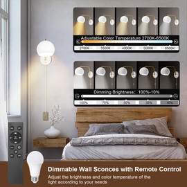 VATONI Wall Sconce with Remote Control, Plug in Wall Sconces Dimming 0-100% and Adjustable Color Temperature 2700K-6000K, Brushed Brass White Globe Swing Arm Wall Lights with Plug in Cord(2 Bulbs)