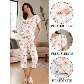 Ekouaer Womens Pajama Set Short Sleeve Sleepwear Pleated Floral Pjs Set Capri Pants Lounge Sets with Pockets S-XXL