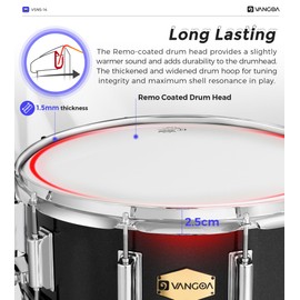 Vangoa Snare Drum Kit with Remo Head 14" x 5.5" Student Marching School Band Beginner Practice Snare Drum with Stand, Drumstick Holder, Padded Gig Bag, Mute Pad, Neck Strap, and 5A Drum Sticks, Black