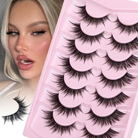 JIMIRE Spiky False Eyelashes Cat Eye Wispy Lashes D-Curly Spiky Manga Lashes Fox Eye Look Faux Mink Lashes with Lash Spikes 7 Pairs Pack
