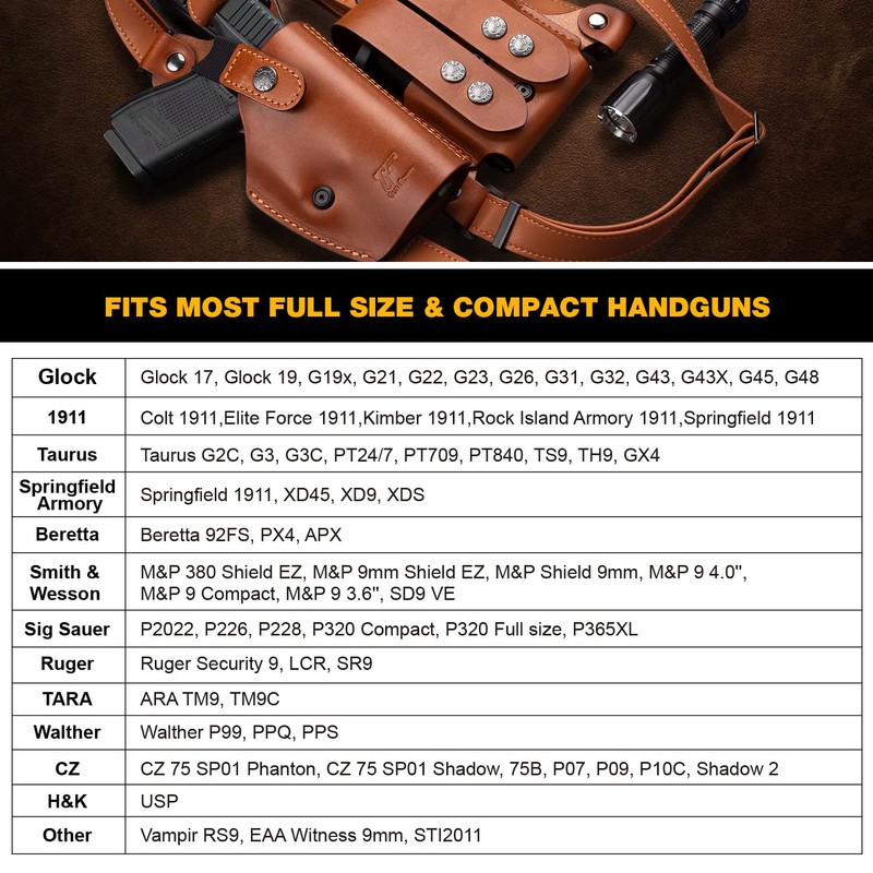 GUN & FLOWER Brown Leather Shoulder Holster Fits Glock 17/19,
