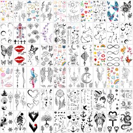 Yazhiji 60 Sheets Tiny Waterproof Temporary Tattoos, Moon, Stars, Constellations, Music, Compass, Words, Lines, Flowers, for Children, Adults, Men and Women