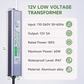 12V 60W LED Driver IP67 Waterproof LED Transformer, Low Voltage Power Supply with 3-Prong US Plug for Any Outdoor & Indoor LED Lights, Computer Projects