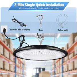 YANYCN 300W UFO Led High Bay Light,120VAC,5000K Daylight Commercial Shop Bay Lighting Fixture,45000LM,[1300W MH/HPS Equiv.] US Plug Area Lighting for Warehouse/Barn/Gym/Factory/Workshop