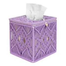 BUNCHBRAVO Lavender Macrame Tissue Box Cover - Woven Cotton Rope Holder Case with Iron Frame, Boho Coastal Home Decor for Bathroom, Bedroom, or Living Room