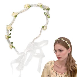 BYETOCE White Rose Flower Crown Pearl Floral Hair Wreath with Ribbon Fairy Flower Pearl Headpiece Headband for Wedding Fairy Party Birthday Hair Accessories Photography Props