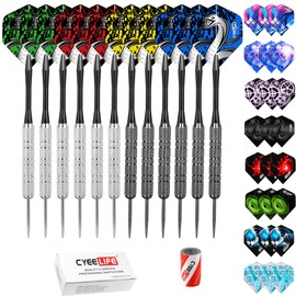 CyeeLife 12 pieces steel darts 20 sizes with PVC shafts + 36 flights + sharpener, professional steel dart set