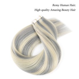 ABH AMAZINGBEAUTY HAIR Tape in Hair Extensions 20 Inch Silver White Highlighted Platinum Blonde Tape in Extensions Human Hair Color P#Silver-60 Straight Seamless Skin Weft Thick Ends 50g/pack 20pcs