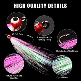 10 Pieces Bucktail Teaser with Fishing Hooks,5 Colors Fishing Teaser Lures Bucktail Crastal Mylar Flash Skirts for Salmom Trout