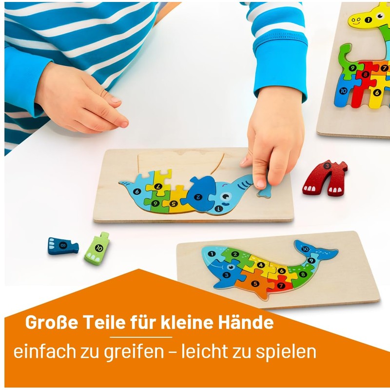 fundabär - Holzpuzzle für Kleinkinder (4er-Set) Pädagogisches Lernspielzeug mit Tiermotiven