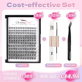 Glowing Win Individual Eyelash Extensions Set DIY Cluster Lashes Extension Kit Individual False Eyelashes with Lash Bond and Seal and Tweezers 144 Pieces Eyelash Extension 8-16 mm Natural Fake Lashes