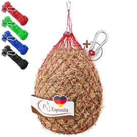 Esposita Large Hay Net for Horses, Hay Bag, Hay Net, Tight Mesh, 5 x 5 cm, Red with Rings and Carabiner Hook, Hay Net Horse Hay Bag for Horses