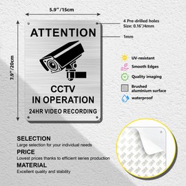 TAKULA 20 * 15CM CCTV in Operation Sticker Schild aus Gebürstetem Aluminium mit Lasergravur und Selbstklebendem Aufkleber，cctv Sign with Screw Holes|Pack of 2