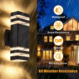 DASTOR 4 Pack Outdoor Wall Lights, Modern Exterior Lighting Fixtures Wall Mount, 2-Layer Black Outdoor Lights for House, Up and Down Lights Outdoor Sconces Wall Lighting for Porch Patio Garage
