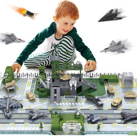 XDUOYJOY Military Base Toy, Army Toys Set with 13 Vehicles Airplane Tank Trucks Helicopter Fighter Jet, Play Mat with Army Men Action Figures and Accessories, Birthday Gift for Kids