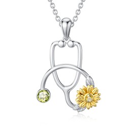 PROESS Stethoscope Necklace with Sunflower Birthstone Necklace for Women -925 Sterling Silver Medical Doctor Nurse Student Graduation Pendant Jewelry Gift for Nurse Women (Simulated Peridot)