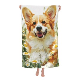 Microfiber Beach Towel, Flower Corgi Beach Towels 32x52in,Quick Dry, Sand Free, Ultra Soft & Oversized Towel for Travel, Outdoor, Bathroom, Swimming - Ideal for Pool, Camping, Yoga, or Gift Decor