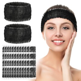 100 diademas desechables, suaves, no tejidas, para spa facial, tela elástica para el cuidado de la piel, para salón, maquillaje, sauna, suministros empaquetados individualmente para mujeres y niñas, color negro