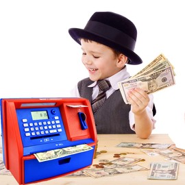 Talking ATM Savings Bank, Digital Piggy Bank, ATM Money Coins Machine for Kids Birthday Gift (Red/Blue)