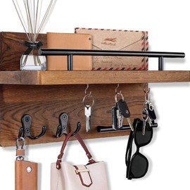 Petyoung Mail Key Holder, Rustic Wooden Key Hangers, Wall Mount Organizer with Mail Shelf and 5 Hooks for Key Coat, Key and Mail Holder for Home Entryway Mudroom Office