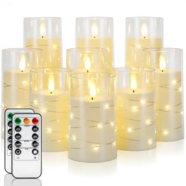 Homemory 9 Pcs Flameless Candles with Embedded Star String Fairy Lights, Battery Operated Candles, LED Candle, Fake Candles with Remote Control and Timer (Ivory)