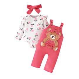 QUNERY Baby Girls Clothes Floral Tops Bodysuit Bear Dungarees Adjustable Overalls Outfits Set Pink 0-3 months