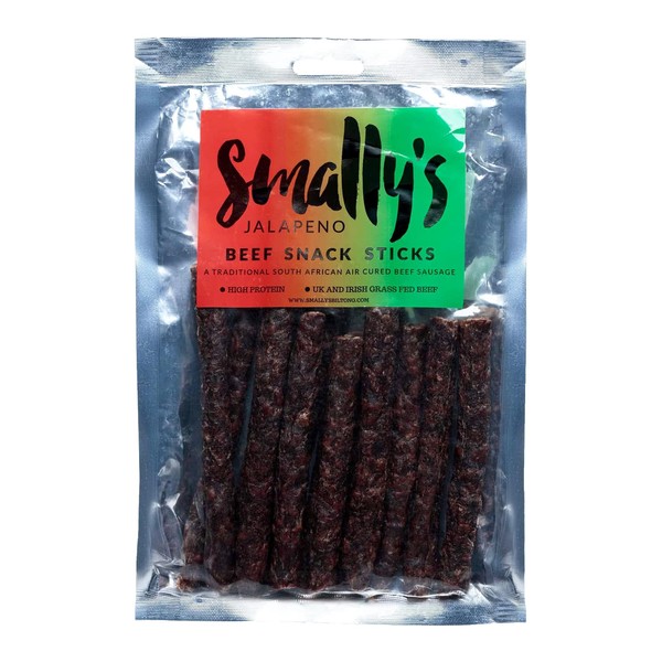 Smally's Biltong - Beef Snack Sticks, Jalapeno Flavour Droewors, High Protein Beef Snack, Traditional South African Air Cured Beef Sausage - 500g Pack