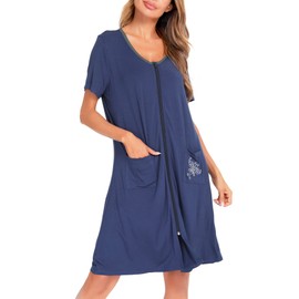 SWOMOG Zip Robes for Women Plus Size Knee Length Housecoat Zipper Robe Short Sleeve Loungewear Summer Housedress with pockets