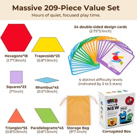 LovesTown 209 PCS Shapes Wooden Pattern Blocks for Kids, Geometric with Activity Cards and Storage Bag, Educational Tangram Puzzles,Great Learning Gift from Parents or Teachers