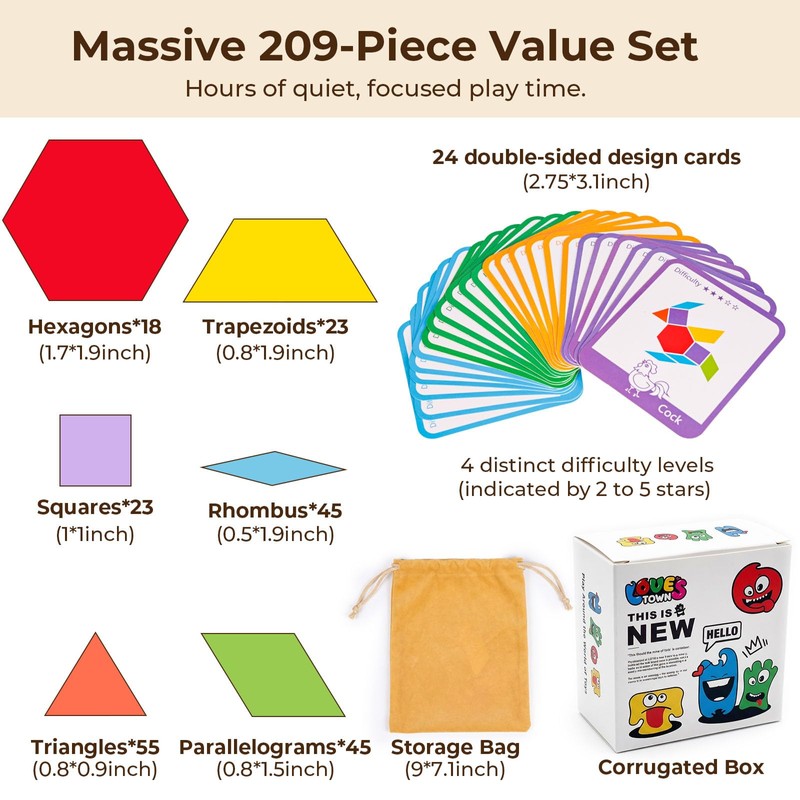 LovesTown 209 PCS Shapes Wooden Pattern Blocks for Kids, Geometric