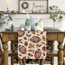 Artoid Mode Rugby Maple Leaves Football Fall Table Runner, Seasonal Harvest Autumn Kitchen Dining Table Decoration for Home Party Decor 13x60 Inch