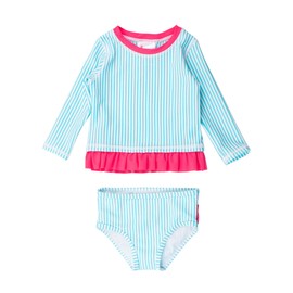 RuffleButts Baby/Toddler Girls Seersucker Long Sleeve Rash Guard Bikini - Bright Aqua Seersucker, 3T