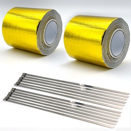 LEXOR Gold Thermo Tape, General Purpose, Insulated, Heat Resistant, Stainless Steel, Tie Wrap, Engine, Room, Intake, Pipe, Muffler, Dress-Up, 16.4 ft (5 m), 2 Rolls