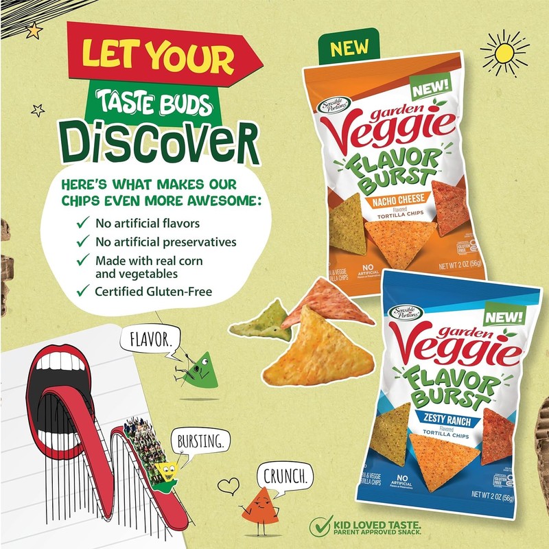 Sensible Portions Garden Veggie Flavor Burst Tortilla Chips, Nacho, 2