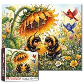 Cute Bee Puzzle 1000 Piece for Adults Bumble Bees with Sunflower and Honey Jigsaw Puzzle Floral Garden Birds Nature Puzzles 19.7 x 27.6 Inches Fun Challenge Family Activity Game Gift Home Wall Decor
