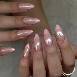 Press on Nails Almond - Pink Aurora French Tip False Nails with Glue - 24Pcs False Nails Medium Length Stick on Nails - Acrylic Fake Nails Long Lasting for Women Girls