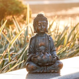 TERESA'S COLLECTIONS 12.6'' Meditating Buddha Statue for Garden Decor with Solar Lights, Large Resin Outdoor Statue Garden Sculpture Figurines for Home Patio Lawn Yard Decorations（Bronze