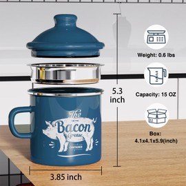 Mini Bacon Grease Container With Strainer - 15OZ Enamel Grease Saver, Farmhouse Bacon Grease Keeper For Kitchen Fat Storage, Dishwasher Safe-Blue