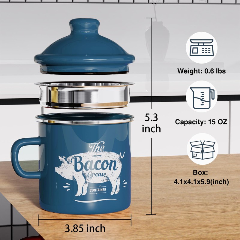 Mini Bacon Grease Container With Strainer - 15OZ Enamel Grease