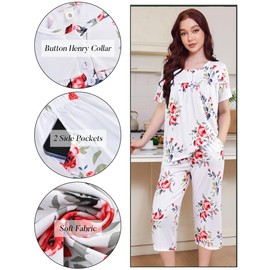 Evolyline Womens Pyjamas Set, Short Pyjamas For Women, Ladies Summer Pjs Short Sleeve Top And Capri Pants, Loungewear With Pockets S-XL