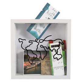 Adventure Archive Box 8inx8in Wooden Travel Memory Box Shadow Box, Travel Adventure Box Ticket Shadow Box Collection Box with Slot Top Loading Display Case Frame for Awards Tickets Photos