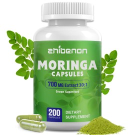 Zhibenon Moringa Oleifera 21,000mg Equivalent | 200 Capsules (100 Servings) | Pure Moringa Powder Capsules | Antioxidant for Energy, Immune & Gut Support | Non-GMO