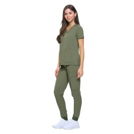 M&M SCRUBS Women's Essential Jogger Scrub Set Nursing Uniform Clearance Cool Stretch Scrub Top and Pant Workwear (Olive, Small-Petite)