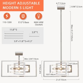 Majhoiw 5-Light Modern Brushed Nickel Chandelier 22" Semi Flush Mount Ceiling Light Pendant Lighting Fixture for Dining Room Bedroom Living Room Kitchen Entry Foyer