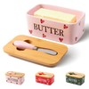 YumiPLUS Pink Ceramic Butter Dish with Bamboo Lid and Knife,