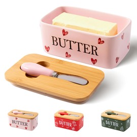 YumiPLUS Pink Ceramic Butter Dish with Bamboo Lid and Knife, Cute Butter Holder,Large Covered Butter Container for Refrigerator, Butter Keeper with hearts design, Unique Kitchen Decor Gift(pink love)
