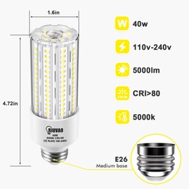 RIUVAO LED Light Bulbs, 300W Equivalent LED Corn Light Bulb, 40W E26 Medium Base Led Corn Light, Daylight White 5000K, 5000 Lumens Bright for Home Bedroom Kitchen Living Room Office 2 Pack