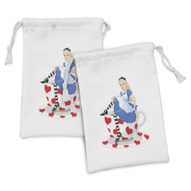 Ambesonne Alice in Wonderland Fabric Pouch Set of 2, Girl Sitting on a Tea Cup Heart Shape Character Fantasy Tale, Small Drawstring Bag for Toiletries Masks and Favors, 9" x 6", Multicolor