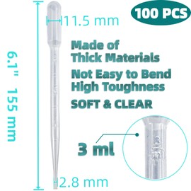 Zkupanx 100 PCS 3ML Dropper Pipette - Disposable Plastic Transfer Pipettes for Accurate Liquid Transfer, Excellent Suction, Perfect for Oils, Resin, Crafts, Labs, Kids Activities