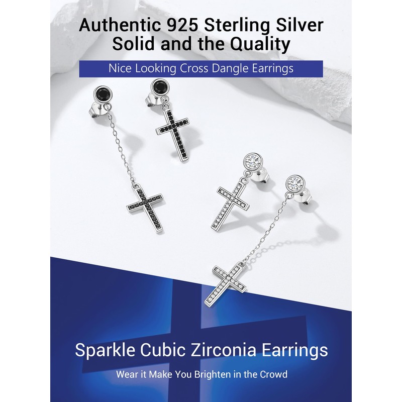 PROSILVER Asymmetric 925 Silver Cross Stud Earrings with Cubic Zirconia,